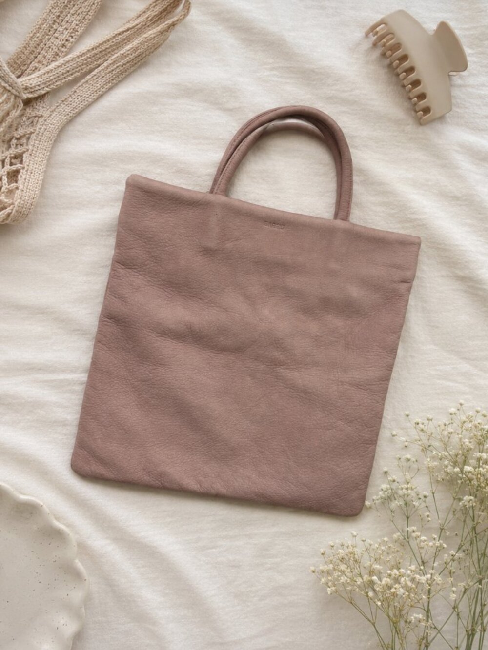 BAGGU Natural Milled Leather Tote Bag NWT Taupe Blush USA Made
